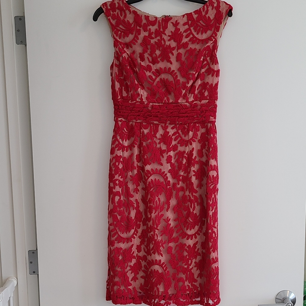 EUC Adrianna Papell Deep Pink Lace Cocktail Dress